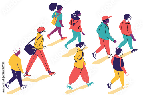 9 Colorful crowd of diverse people, minimalist illustration, white background, dynamic poses, walking figures, stylized characters, vibrant clothing, top-down view, flat design, abstract human shapes,