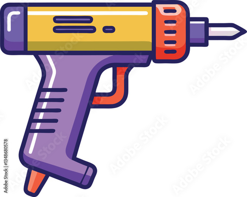 Illustration of a Glue Gun with Purple and Yellow Design, A colorful illustration of a glue gun featuring a purple and yellow design with an orange trigger, showcasing a simple and modern tool design.
