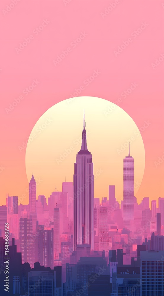 Obraz premium A stylized city skyline with a large sun in the background