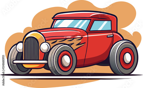 Retro Red Hot Rod Car Illustration, An illustration of a red vintage hot rod car with flame decals, featuring large wheels and a sleek design.
