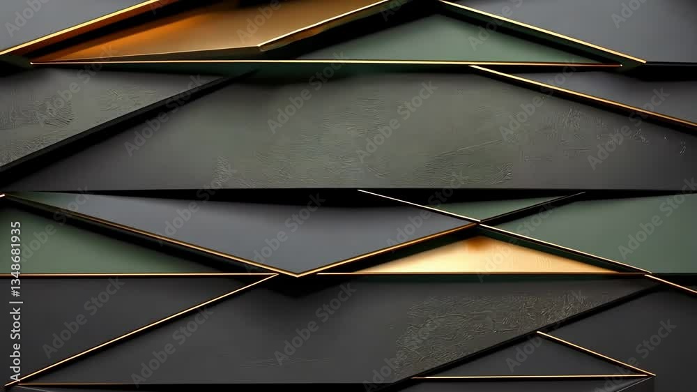 Abstract geometric pattern of layered, overlapping triangles in dark gray, deep green, and gold