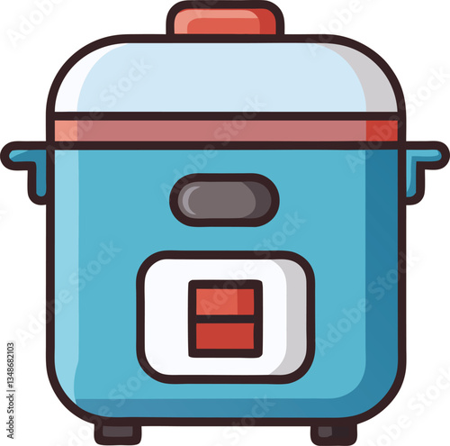 Blue Rice Cooker with Button and Simple Design, A bright illustration of a blue rice cooker featuring a red button, simple lines, and a compact, user-friendly design.
