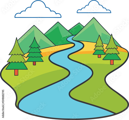 Simple Vector Landscape with River and Trees, A clean, stylized vector landscape featuring a flowing river, mountains, and trees, with a bright and minimalistic design.

