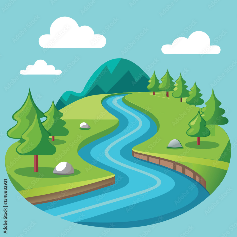 Obraz premium Peaceful landscape with river and trees, A bright, colorful illustration of a peaceful landscape with a winding river, green hills, trees, and clouds in a tranquil outdoor setting.