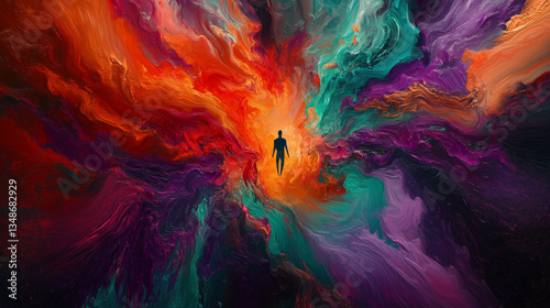 A visually striking abstract digital artwork depicting a lone figure suspended in a cosmic explosion of vibrant, swirling colors
