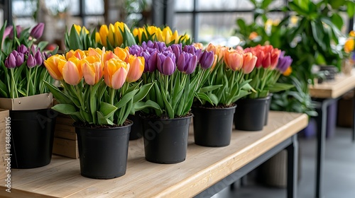 Spring flora blooming flower display in nature's embrace at a local plant shop