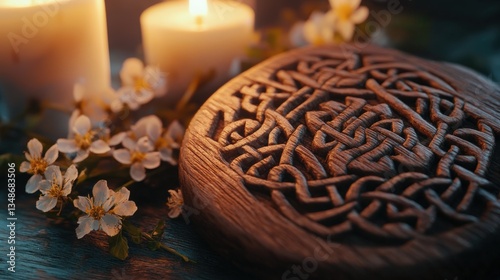 Intricate wooden beltane talisman with celtic design and candlelit ambiance