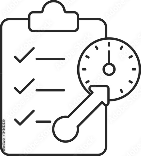 Task checklist with speedometer line icon for productivity tracking and performance measurement, vector.