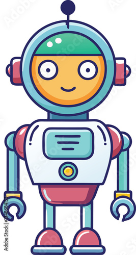 Friendly Robot with Bright Colors and Smiling Face, A cheerful robot with bright colors and a smiling face, symbolizing robotics, technology, and automation in a fun, playful design.
