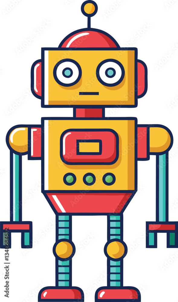 Colorful Retro Robot with Boxy Head and Mechanical Arms, A playful retro-style robot with a boxy head, colorful body, and mechanical arms, representing robotics and technology in a vintage, fun design Colorful Retro Robot with Boxy Head and Mechanical Arms, A playful retro-style robot with a boxy head, colorful body, and mechanical arms, representing robotics and technology in a vintage, fun design