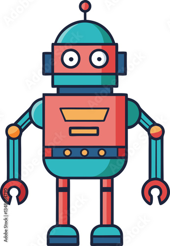 Colorful Retro Robot with Mechanical Arms, A colorful retro-style robot with mechanical arms, yellow accents, and a vintage design, representing robotics, technology, and automation in a fun, playful 