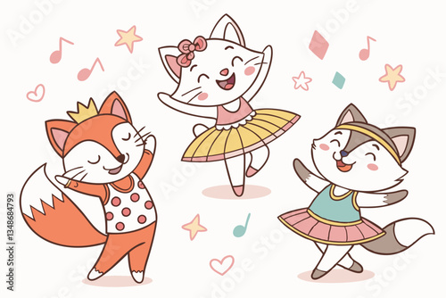 11 Whimsical cartoon animals, playful cat characters, colorful hand-drawn illustrations, anthropomorphic foxes and cats, cheerful dancing creatures, childlike art style, vibrant clothing, quirky poses