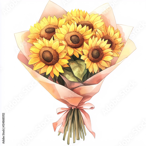 Beautiful bouquet of sunflowers wrapped in pink paper and tied with a pink ribbon, perfect for celebrating special occasions