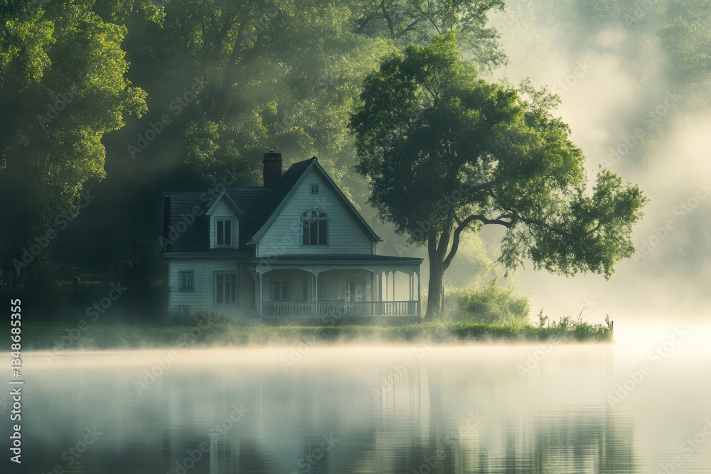 Fototapeta premium Foggy Weather: House by the Lake Surrounded by Green Trees and Morning Mist