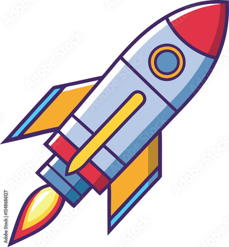 Colorful Rocket with Flame and Yellow Fins, A colorful rocket with flame propulsion and yellow fins, symbolizing space exploration and adventure in a vibrant, dynamic style.
