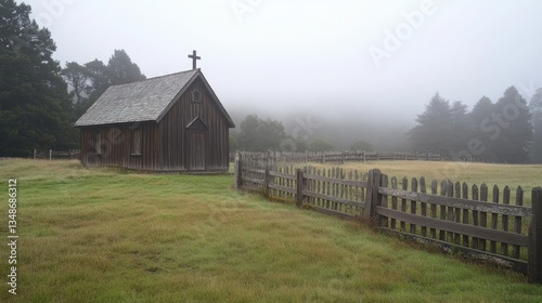 Fort Ross Stockade: Wooden Chapel and Cannon in State Park of Foggy Sonoma, California