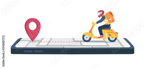 A courier on a scooter travels along a route and his movements are displayed online on a smartphone. Vector illustration.
