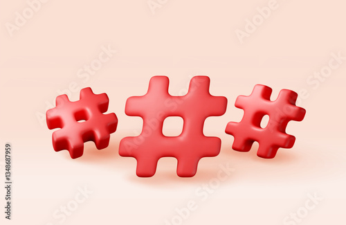 3d red realistic hashtag symbol isolated on white. Render hash tag icon for social media. Chat message, communication, ad, search and online community. Blog and social network. Vector illustration