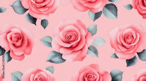 Seamless Pattern of Pastel Pink Roses with Gray Leaves, Floral , Backgrounds