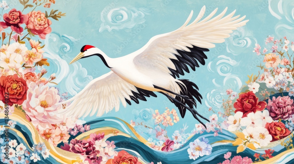 Fototapeta premium Graceful Crane Flight Over Floral Waves, Asian Art , Floral Art