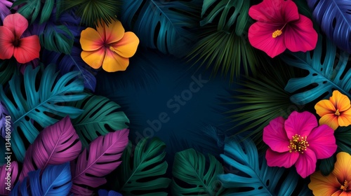 Exotic Foliage Vibrant Hibiscus Flowers and Tropical Leaves on Dark Background, Floral , Botanical