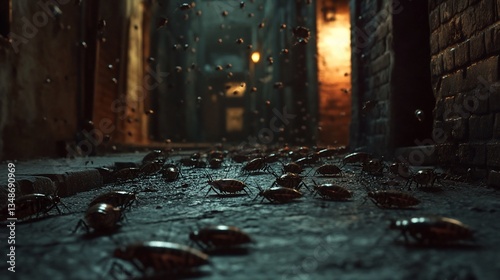 Cockroaches infest dark alley; rain, horror film