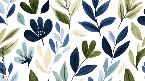 Botanical Bliss Watercolor Leaves Pattern in Blue and Green on White, nature , foliage