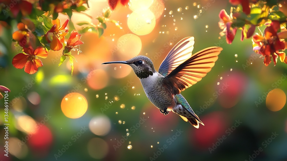 Naklejka premium A Golden Hummingbird, A Tiny Flash of Brilliance, Hovering Gracefully in the Air, Capturing the Essence of Beauty and Nature’s Wonders
