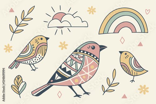 12 Colorful abstract bird shapes, whimsical bird icons, minimalist bird designs, pastel color palette, playful geometric patterns, folk art inspired birds, hand-drawn style, flat design, quirky avian 
