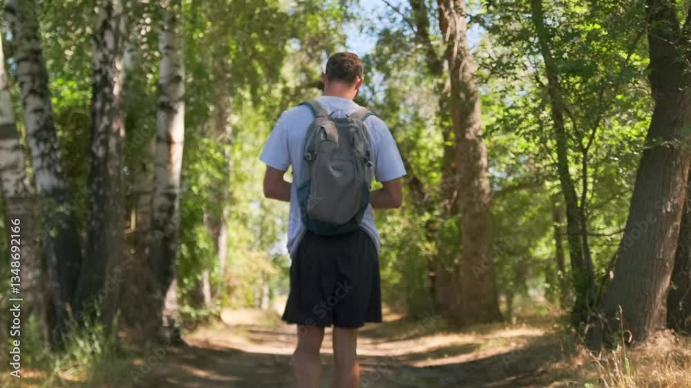 Rear view. A traveler with a backpack walks along a forest trail, head lowered, mapping his route on a phone. The path stretches ahead as sunlight filters through birches and dense foliage. Rear view. A traveler with a backpack walks along a forest trail, head lowered, mapping his route on a phone. The path stretches ahead as sunlight filters through birches and dense foliage.