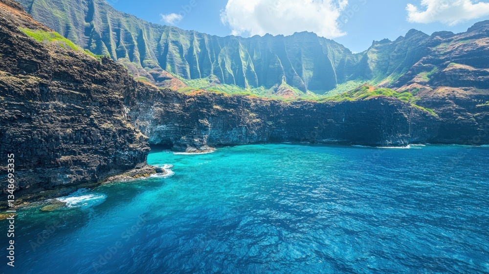 Obraz premium Hawaiian Coastal Cliffs, Turquoise Water, Dramatic Scenery, Sunny Day
