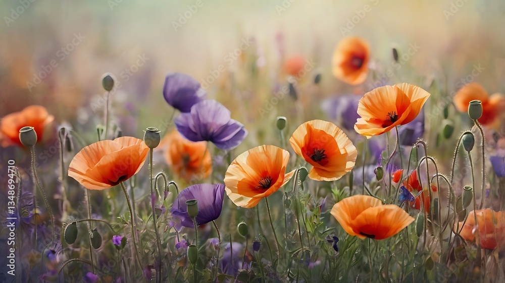 Obraz premium Watercolor Field of Poppies with Orange Purple Blooms Dreamy Impressionistic Landscape in Misty Dappled Sunlight