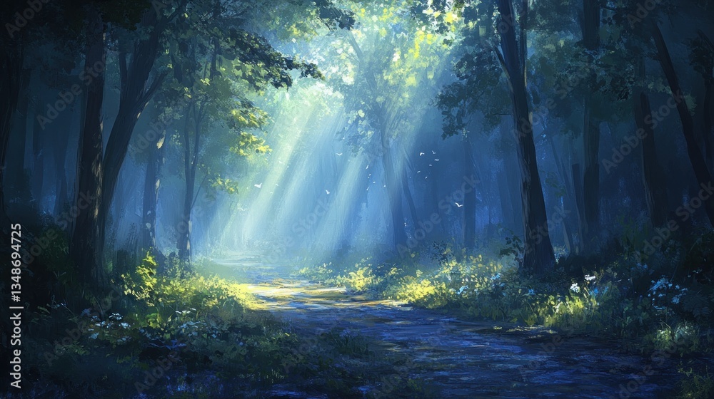 Obraz premium Sunlit Path Through a Mystical Forest