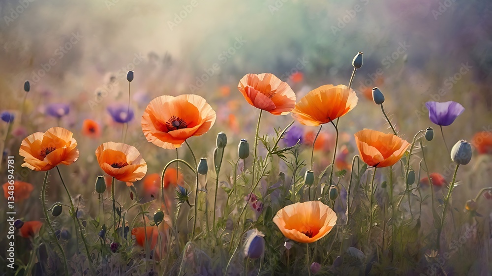 Obraz premium Dreamy Wildflower Meadow with Orange Poppies and Purple Blooms Ethereal Nature Photography in Golden Hour Light with Bokeh Effect