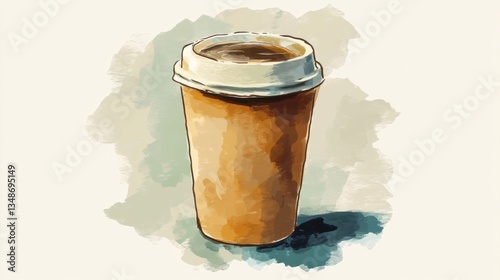Watercolor painting of a disposable coffee cup with a white lid, containing a hot beverage, ready to be enjoyed on the go