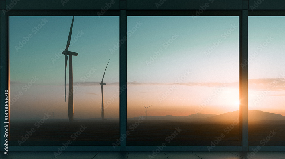Fototapeta premium Horizon of Green Energy: Through a panoramic glass window, wind turbines stand tall against a breathtaking sunset, symbolizing the promise of clean, renewable energy.