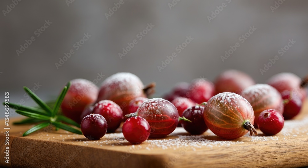 Obraz premium Fresh gooseberries and cranberries lightly sprinkled with powdered sugar on wooden board