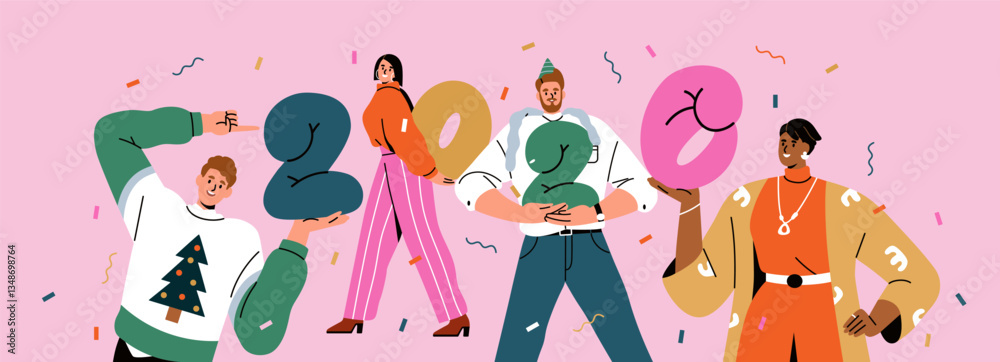 Fototapeta premium Happy people celebrating New Year 2026 with numbers in hands. Young men, women at festive holiday event, corporate party fun, celebration with confetti, newyear banner. Flat vector illustration