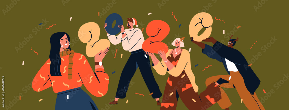 Fototapeta premium Happy 2026 New Year celebration. Excited joyful people team holding newyear numbers in hands, smiling. Men, women celebrating holiday party with confetti, festive fun. Flat vector illustration