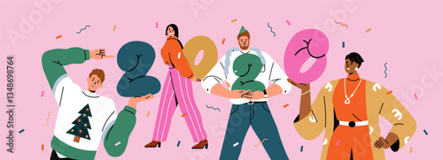 Happy people celebrating New Year 2026 with numbers in hands. Young men, women at festive holiday event, corporate party fun, celebration with confetti, newyear banner. Flat vector illustration