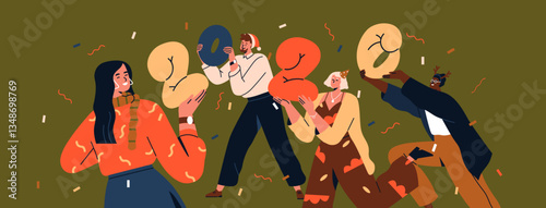 Happy 2026 New Year celebration. Excited joyful people team holding newyear numbers in hands, smiling. Men, women celebrating holiday party with confetti, festive fun. Flat vector illustration