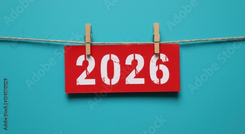 Red Card with 2026 Hanging on Twine Against Teal Background New Year Concept