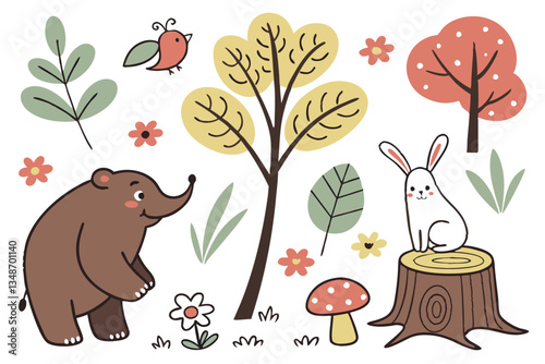 14 Colorful cartoon nature elements, forest animals, brown bear, black cat, elephant, rabbit, stylized flowers, trees, leaves, bird, mushroom, tree stump, simple shapes, flat design, cute illustration