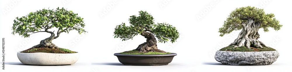 Obraz premium Three Bonsai Trees in Different Pots