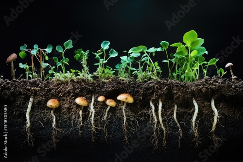 Roots of a plant growing symbiotically with fungi in nutrient dense soil