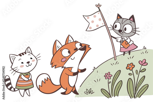 16 Cute cartoon animals, colorful illustrations, whimsical characters, cats and fox, playful poses, diverse expressions, children's book style, vibrant colors, simple shapes, hand-drawn aesthetic, lin