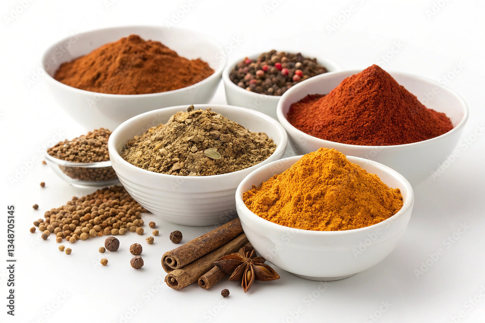 Various Spice Bowls Isolated on White Background Various Spice Bowls Isolated on White Background