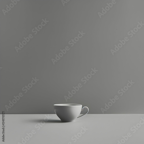 Minimalist Still Life of Two Ceramic Mugs, One Dark Grey and One White, on a Light Surface Against a Grey Background