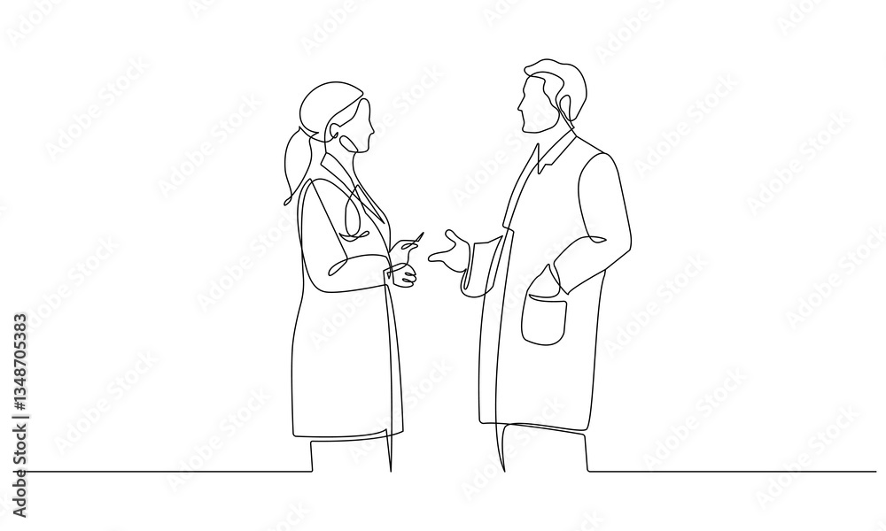 Woman and Man Talking Continuous One Line Drawing. Work Process Minimal Black One Line Drawing on White Background. Medicine Concept Abstract Linear Sketch Drawing. Doctor Modern Design. Vector EPS 10 Woman and Man Talking Continuous One Line Drawing. Work Process Minimal Black One Line Drawing on White Background. Medicine Concept Abstract Linear Sketch Drawing. Doctor Modern Design. Vector EPS 10