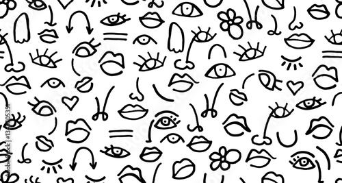 Abstract Face One Line Drawing Seamless Pattern. Minimalistic Sketch Linear Design of Simple Woman Portrait Ornament for Textile, Beauty Design, Prints, Social Media, Wrapping Paper. Vector
